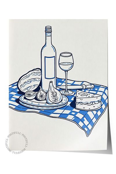 Postifull Frameless Wall Poster, Wine at Picnic, Illustration, Blue Color Poster, 2025 Summer Selection, No:10965