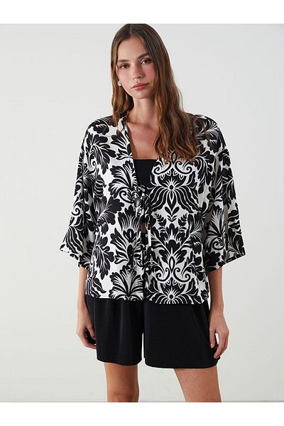 LC Waikiki Black Shawl Collar Floral Oversize Women's Kimono
