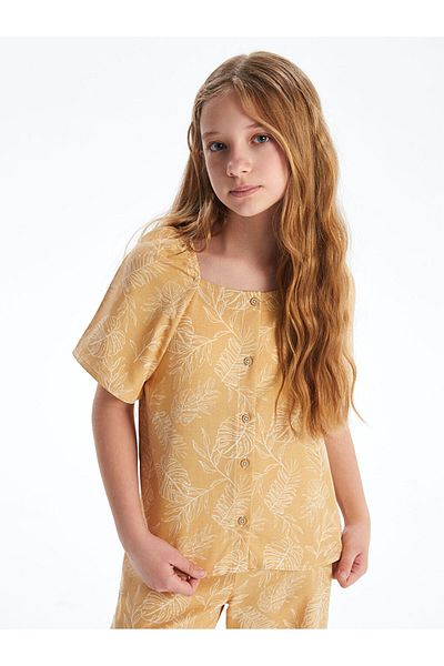 LC Waikiki Beige Square Collar Linen Blended Girl's Blouse