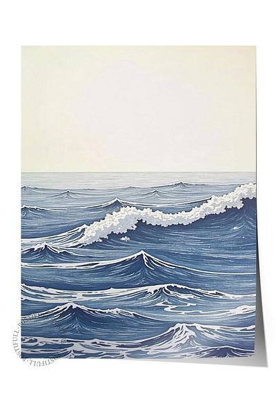 Postifull Frameless Wall Poster, Large Sea Waves, Illustration, Blue Color Poster, 2025 Summer Selection, N