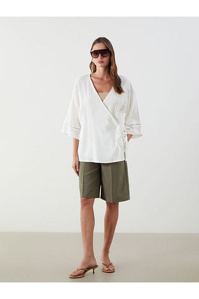 LC Waikiki Ecru V-Neck Textured Oversize Women's Kimono