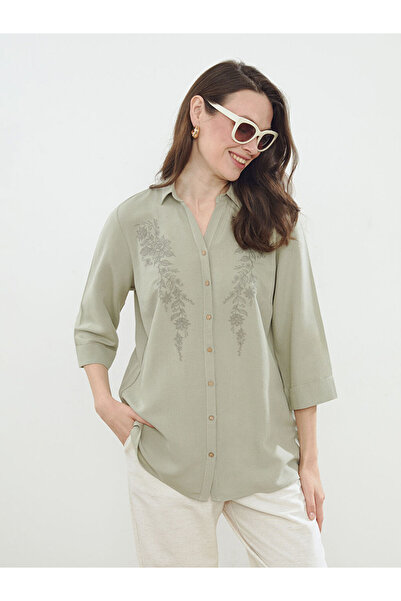 LC Waikiki Haki Çiçekli Keten Karışımlı Kadın Gömlek
