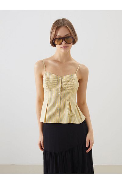 LC Waikiki Heart Collar Striped Pleated Poplin Blouse