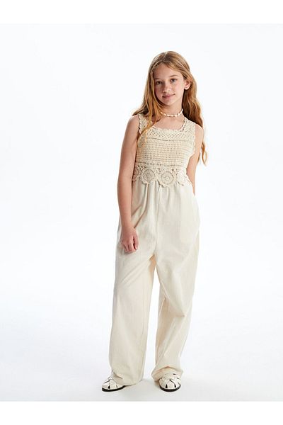 LC Waikiki Square Collar Lace Detailed Linen Blend Girls' Jumpsuit