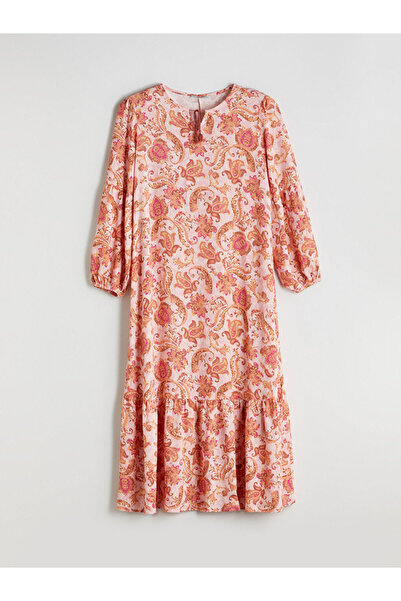 LC Waikiki Pink Tie Collar Patterned A-Line Dress