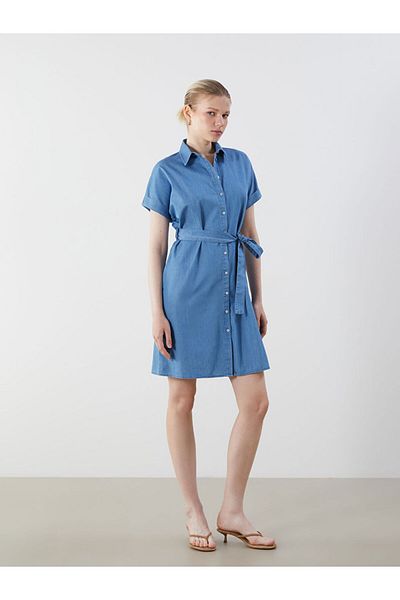 LC Waikiki Indigo Shirt Collar Belted Jean Dress