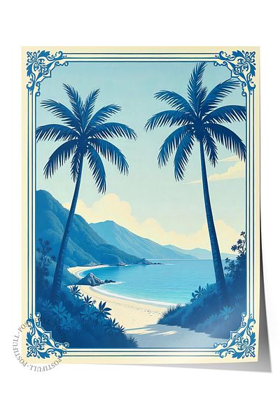 Postifull Frameless Wall Poster, Palm Seaside, Illustration, Blue Color Poster, 2025 Summer Selection, No:1096
