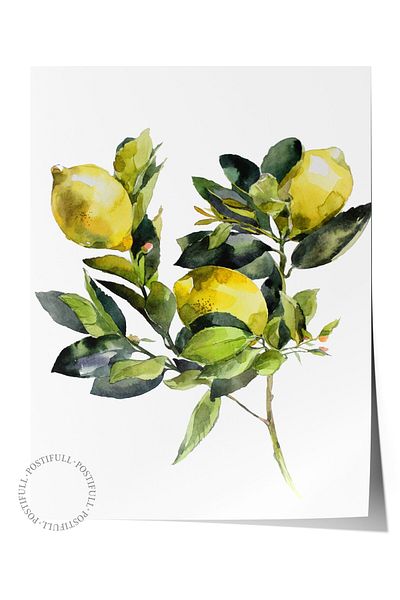 Postifull Frameless Wall Poster, Lemons, Leaves, Watercolor, Green, Yellow Color Poster, 2025 Summer Selection,