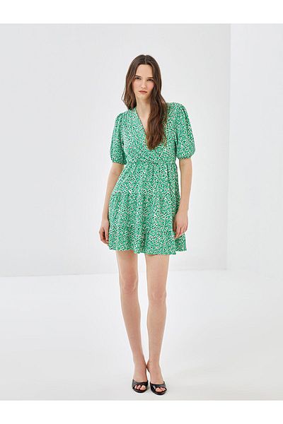 LC Waikiki Double Breasted Collar Patterned Short Sleeve Women's Dress