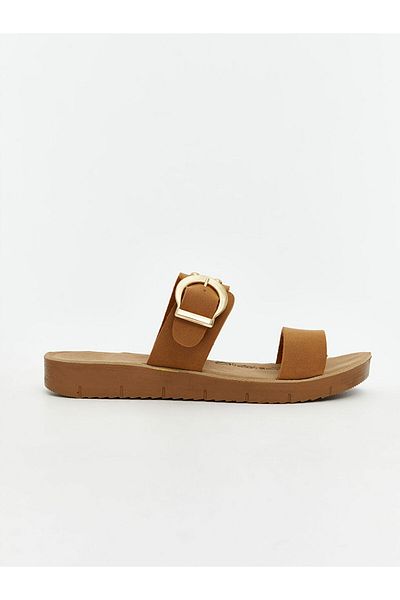 LC Waikiki Lcw Steps Beige Leather Look Double Banded Women's Slippers