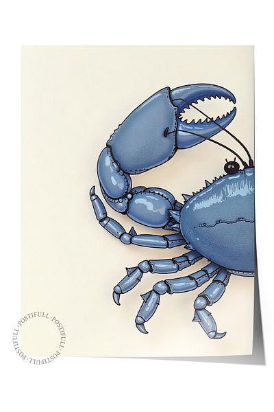 Postifull Frameless Wall Poster, Crab, Illustration, Blue Color Poster, 2025 Summer Selection, No:109573