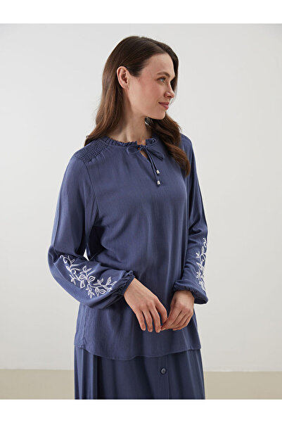 LC Waikiki Indigo Tie-Dye Collar Embroidered Women's Blouse