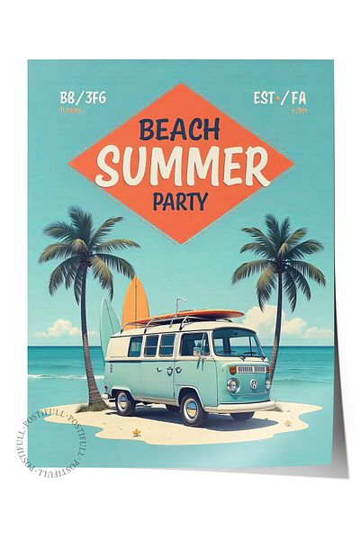 Postifull Frameless Wall Poster, Summer Beach Party, Illustration, Maximalist, Blue Color Poster, Choose Summer 2025
