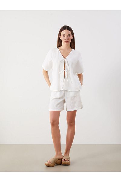 LC Waikiki New Season V-Neck Textured Bowknot Muslin Blouse - S5Qb37Z8