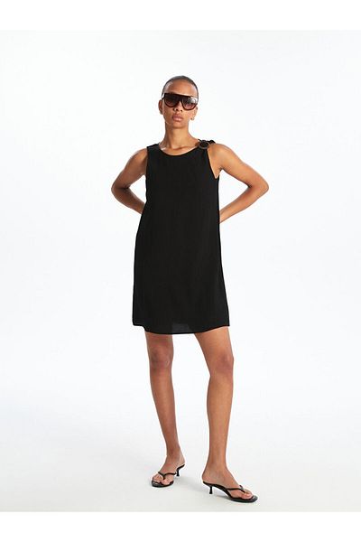 LC Waikiki Khaki Crew Neck Textured A-Line Mini Dress