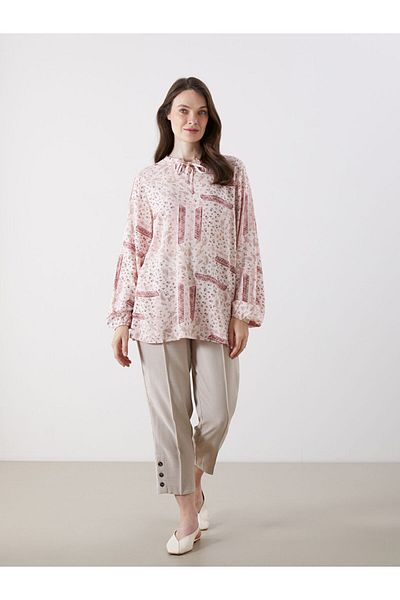LC Waikiki Grace Pink Tie Collar Patterned Blouse