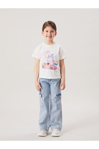 LC Waikiki Ecru Crew Neck Barbie Printed Girl's T-Shirt