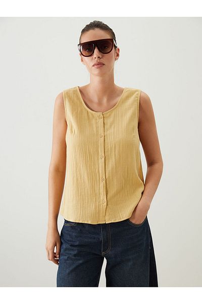 LC Waikiki Green U-Neck Textured Muslin Blouse