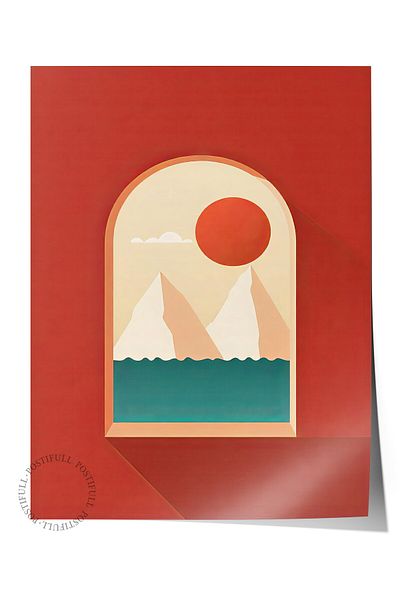 Postifull Frameless Wall Poster, Scenic Window, Illustration, Red Color Poster, 2025 Summer Selection, No