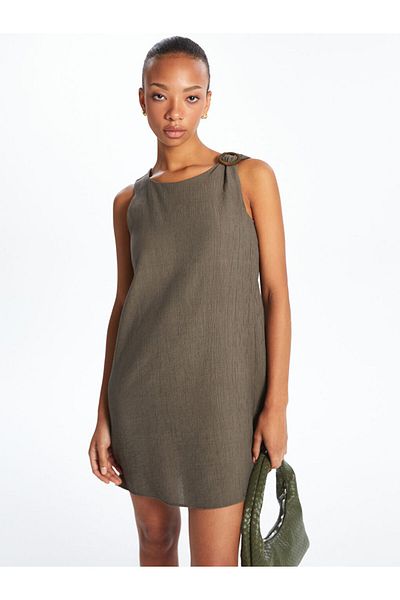 LC Waikiki Khaki Crew Neck Textured A-Line Mini Dress
