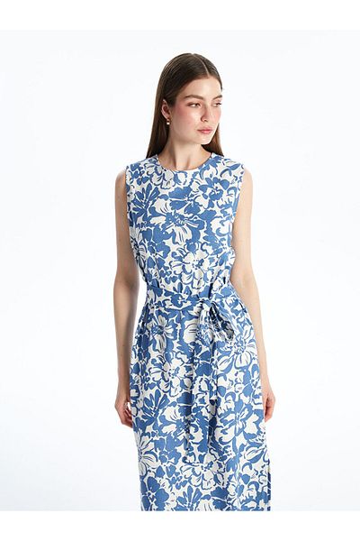 LC Waikiki Crew Neck Floral Linen Blend Dress