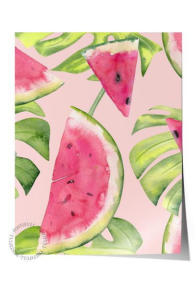 Postifull Frameless Wall Poster, Watermelon, Leaf, Watercolor, Botanical, Pink, Green Color Poster, 2025 Summer Selection