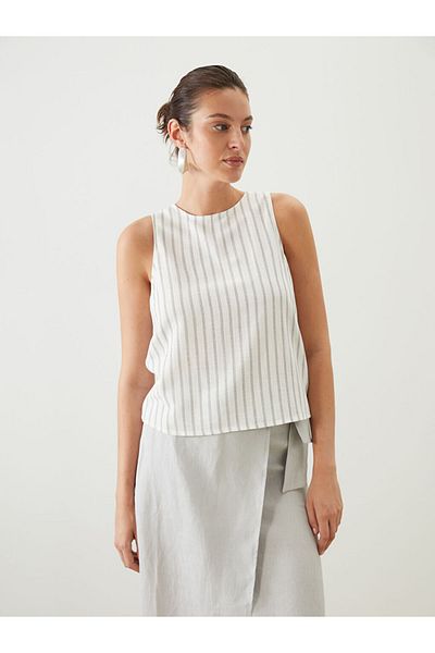 LC Waikiki Black Crew Neck Striped Linen Look Blouse