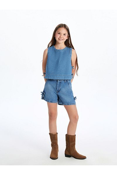 LC Waikiki Indigo Bow Detailed Girl's Crop Jean Blouse