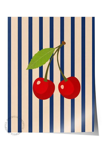 Postifull Frameless Wall Poster, Sweet Cherries, Illustration, Maximalist, Blue Color Poster, 2025 Summer Stencil