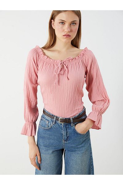 LC Waikiki Tie Collar Textured Oversize Muslin Blouse