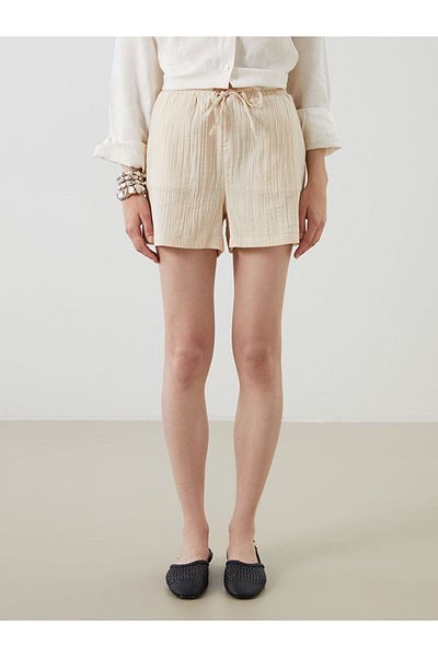 LC Waikiki Pink Textured Muslin Women's Shorts with Elastic Waist