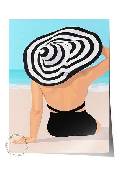 Postifull Frameless Wall Poster, Woman on the Beach, Illustration, Black Color Poster, Summer Selection of 2025, No:1096