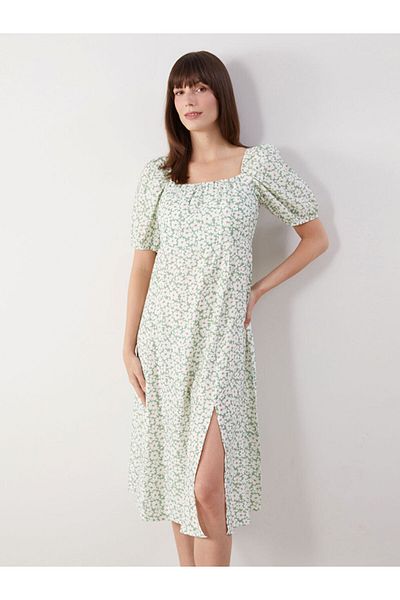 LC Waikiki Green Square Neck Floral Balloon Sleeve Women's Dress