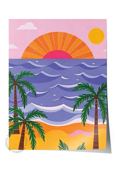 Postifull Frameless Wall Poster, Beach Scenery, Illustration, Maximalist, Pink Color Poster, 2025 Summer Selection
