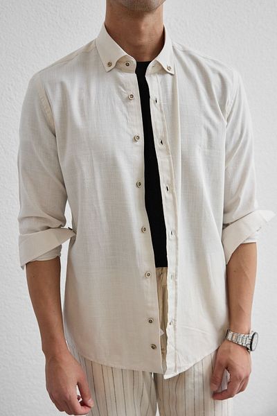 Livio Ferri Turi Men's Cotton Shirt Modern Slim Fit Linen Look Long Sleeve