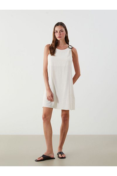 LC Waikiki Khaki Crew Neck Textured A-Line Mini Dress