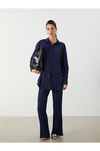 LC Waikiki Lcw Modest Navy Blue Women's Elastic Waist Textured Pants
