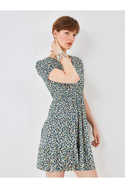 LC Waikiki Double Breasted Collar Floral Short Sleeve Women's Dress