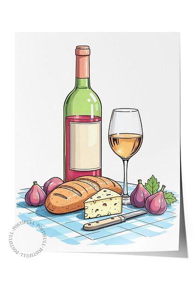 Postifull Frameless Wall Poster, Wine at the Picnic, Illustration, Colorful Color Poster, 2025 Summer Selection, No:109