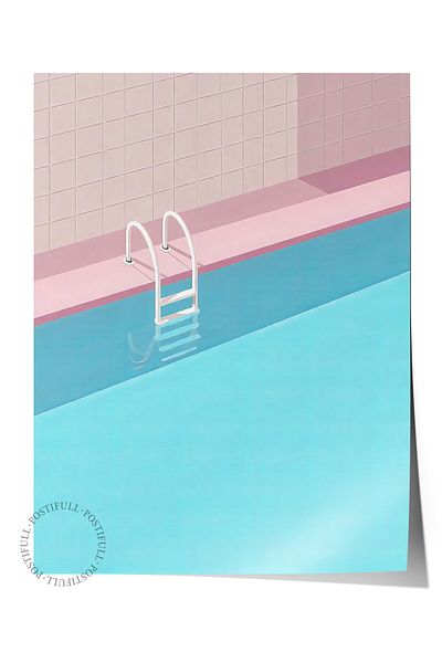 Postifull Frameless Wall Poster, Poolside, Illustration, Blue Color Poster, 2025 Summer Selection, No:109589