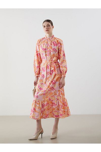 LC Waikiki Green Ruffled Stand Collar Patterned Shirt Dress