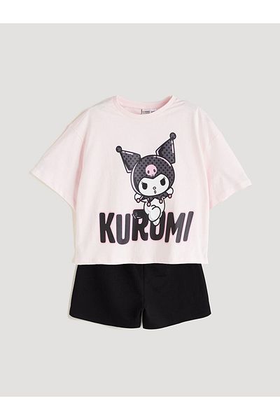 LC Waikiki Pink Crew Neck Kuromi Printed Girl's T-Shirt and Shorts