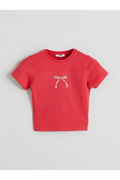 LC Waikiki Xside Red Crew Neck Ribbon Printed Crop