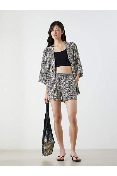 LC Waikiki Xside Black Shawl Collar Patterned Oversize Women's Kimono