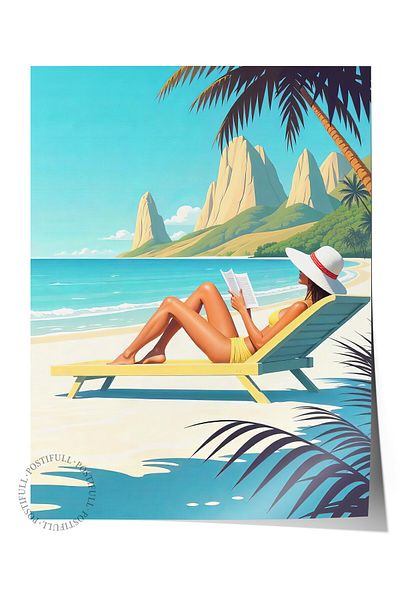 Postifull Frameless Wall Poster, Women Sunbathing, Illustration, Maximalist, Blue Color Poster, 2025 Ya