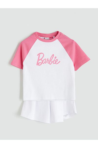 LC Waikiki White Crew Neck Barbie Printed Girls T-Shirt and Shorts Skirt