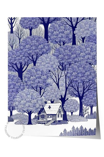 Postifull Frameless Wall Poster, House in the Forest, Illustration, Blue Color Poster, 2025 Summer Selection, No:109717