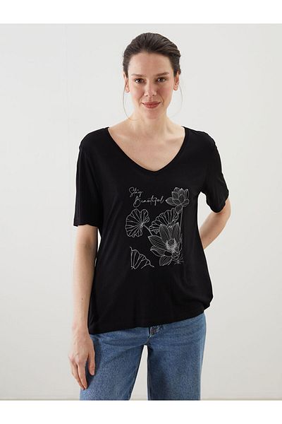 LC Waikiki Tricou cu flori pentru femei cu decolteu în V de sezon nou - S5KR11Z8