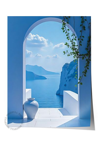 Postifull Frameless Wall Poster, Blue Door and Landscape, Photo, Blue Color Poster, 2025 Summer Selection, No:109