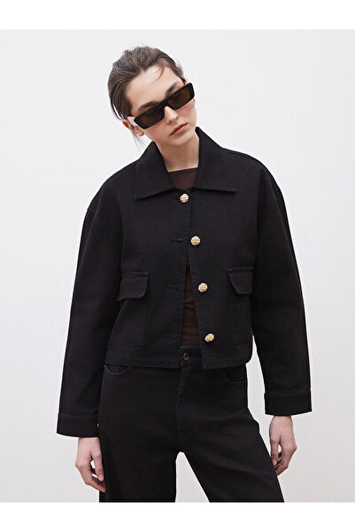 LC Waikiki Black Shirt Collar Women's Jean Jacket